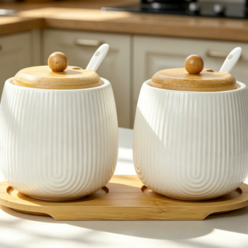 Ceramic Sugar Bowl with Lid & Spoon, White, 2-Pack